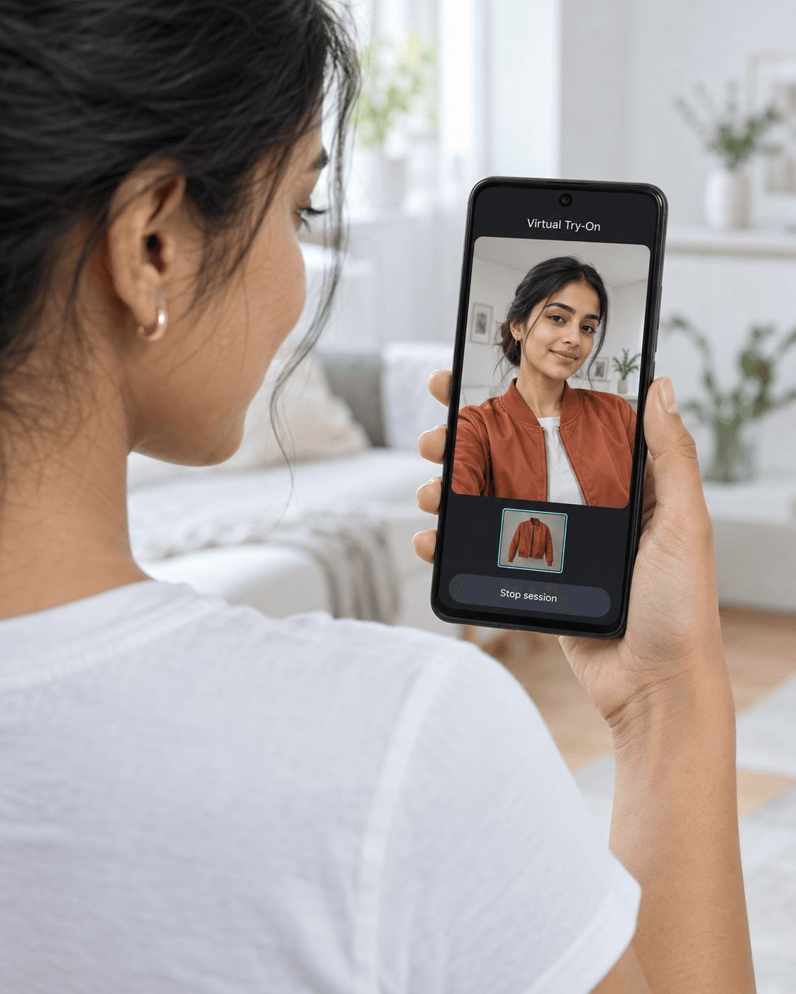 Illustration of a woman holding a phone: she wears a white shirt while the virtual try-on preview shows her in a selected rust-orange jacket